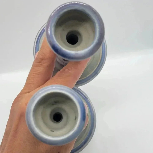 Set of Two Pottery Candle Holder ,Signed Earthy Colors Light Blue Green - Picture 7 of 7